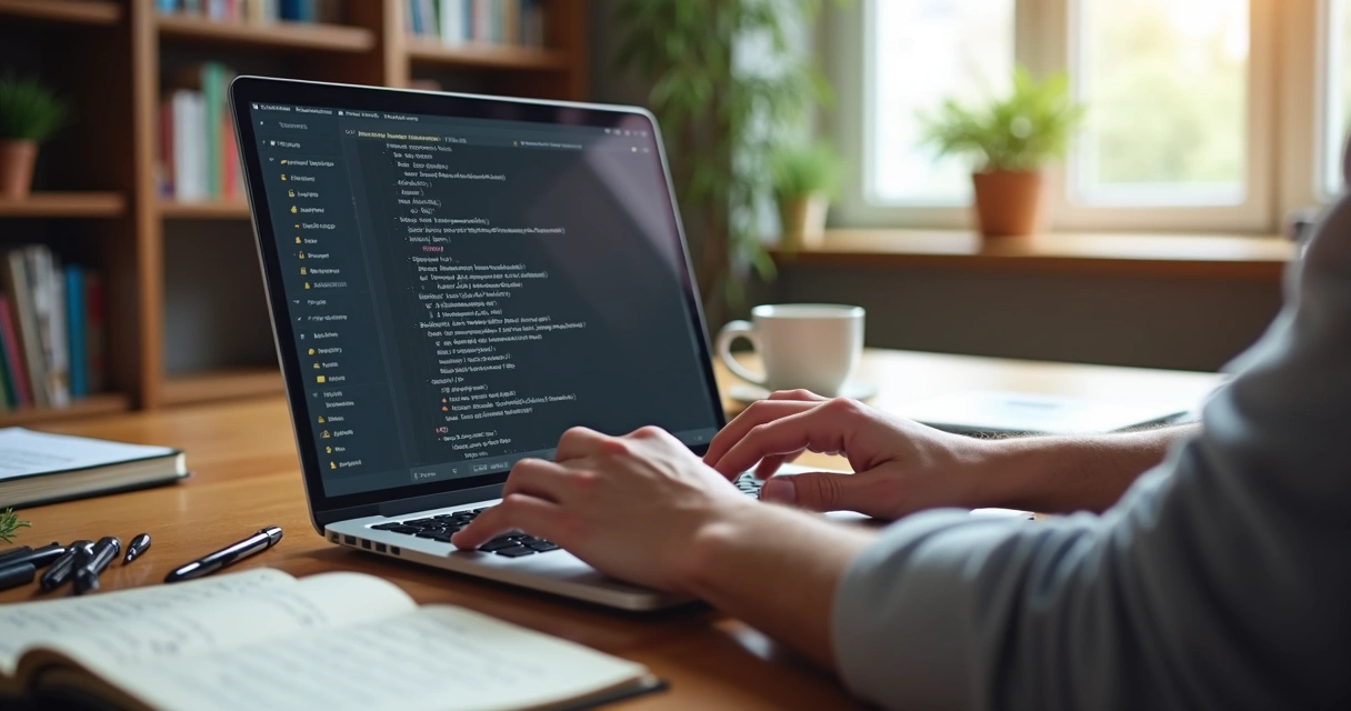 Mesa com notebook aberto, pessoa digitando roteiro para vídeo, bloco de notas e café ao lado, ambiente de escritório iluminado 