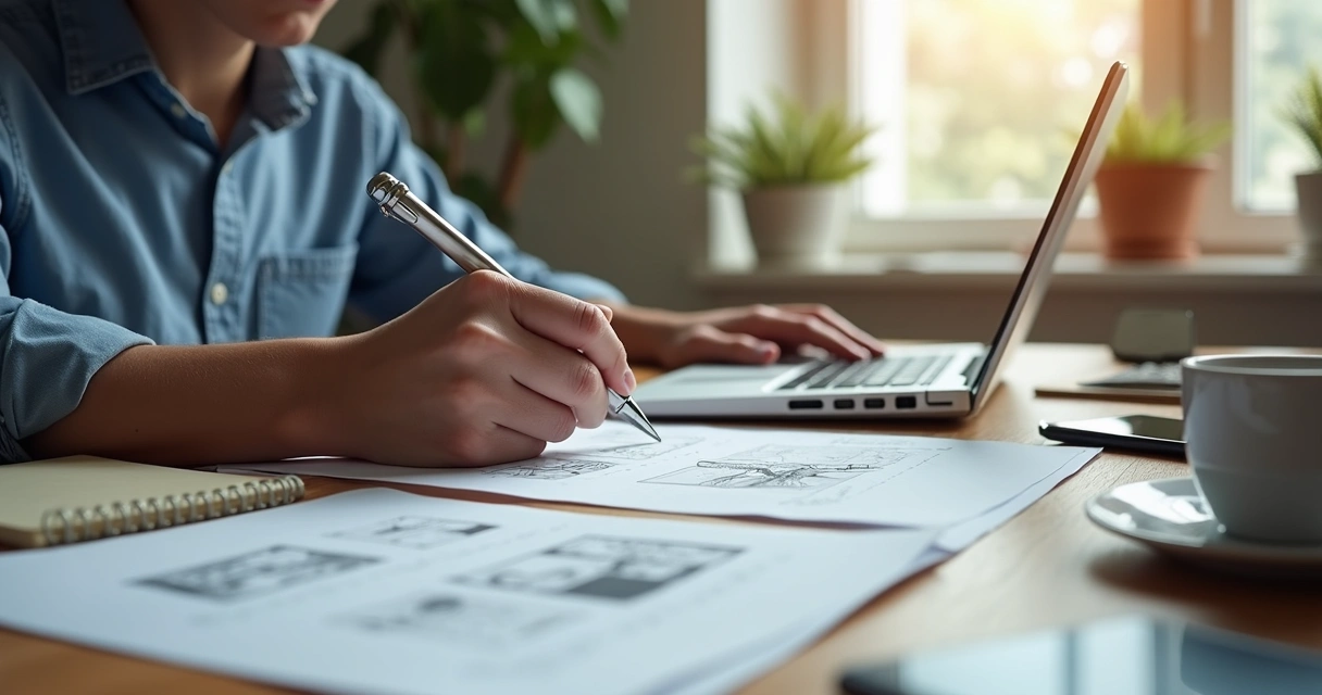 Pessoa criando roteiro para vídeo usando laptop em ambiente de trabalho digital com anotações e storyboard na mesa 