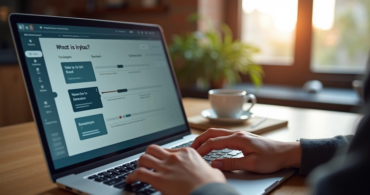 Pessoa digitando roteiro de vídeo em laptop com interface de inteligência artificial mostrando texto e gráficos na tela 