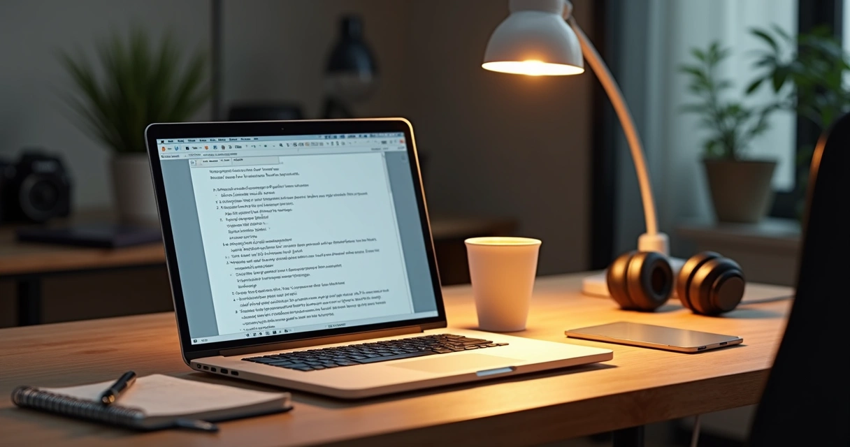 Mesa de trabalho com laptop aberto exibindo um roteiro digital, ao lado caderno com anotações e caneta, luminária moderna iluminando o espaço, ambiente organizado para criação audiovisual 