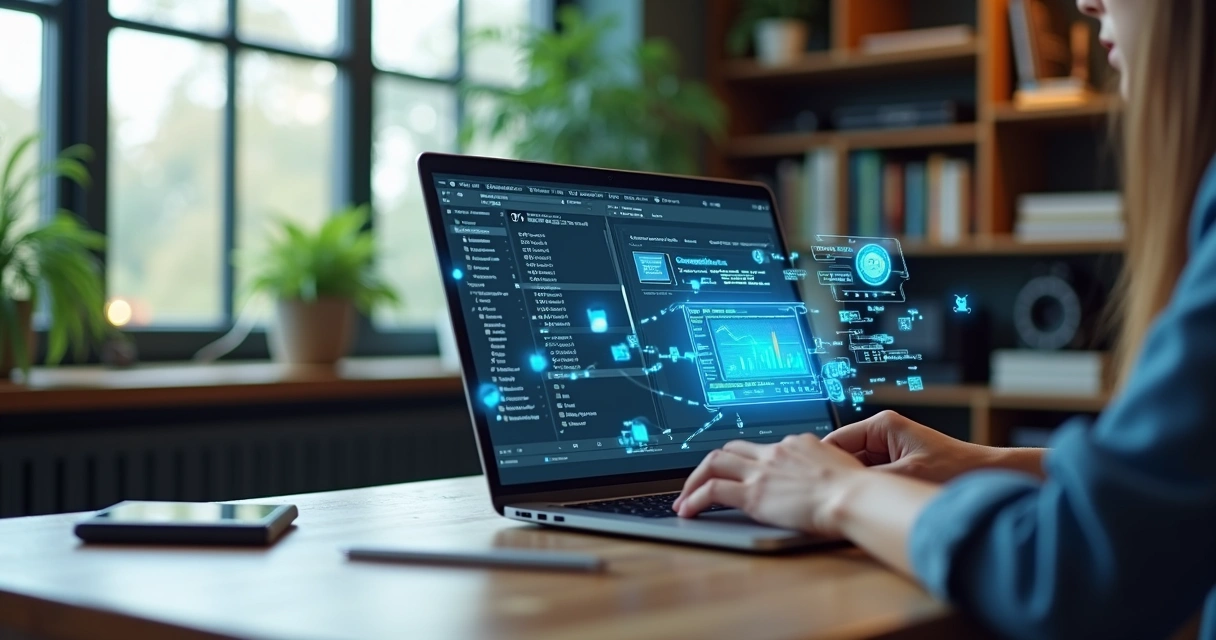 Pessoa trabalhando com inteligência artificial para criar roteiros em computador moderno 