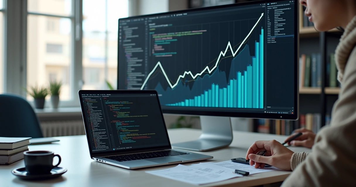 Pessoa desenvolvendo scripts automáticos de vendas em computador moderno com gráficos e códigos na tela 