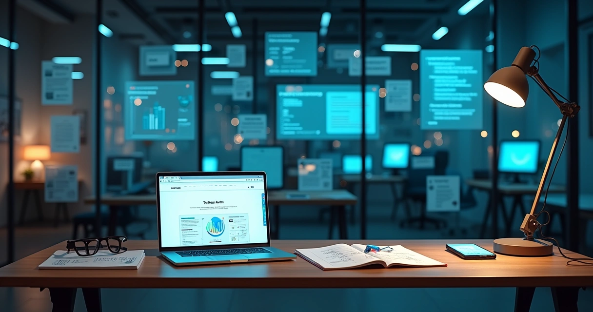 Mesa com notebook exibindo site B2B e parede cheia de wireframes e códigos ao fundo 