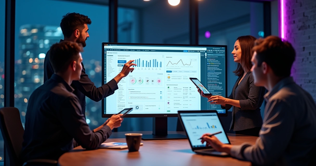 Equipe analisando protótipo de site B2B em grande tela com gráficos de performance 