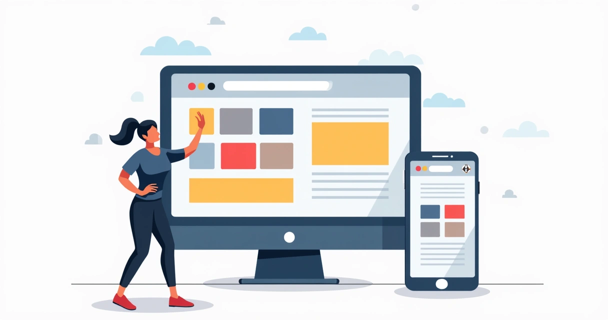 Interface de criação de site em computador e celular lado a lado. 