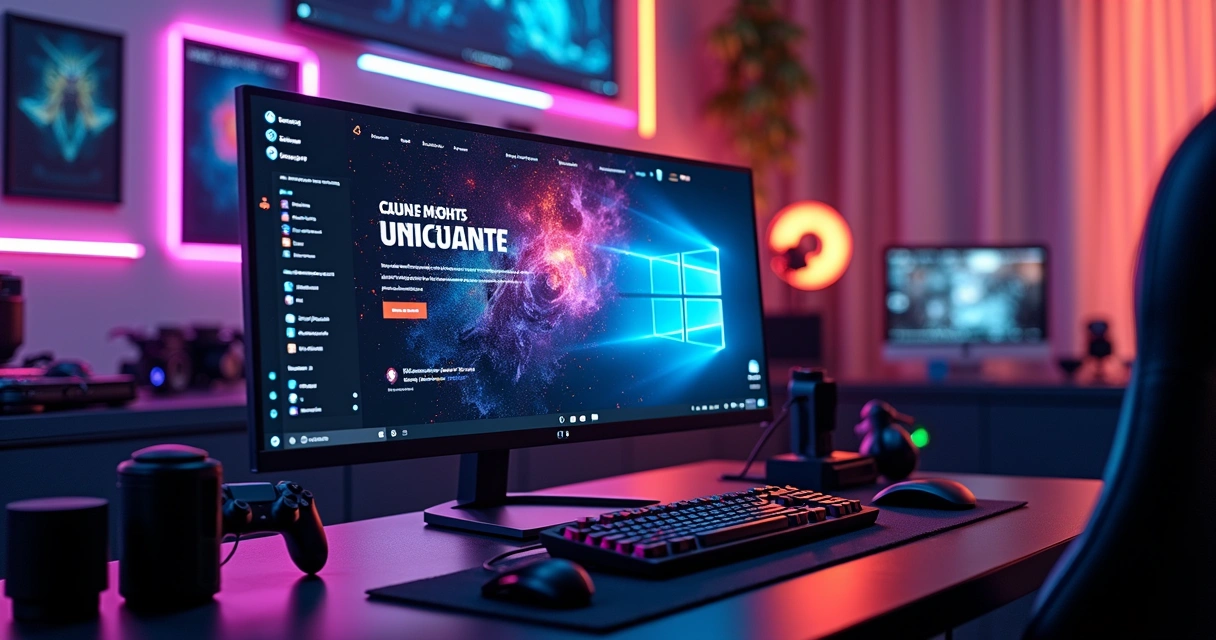 Tela de computador com layout de site gamer colorido e ilustrações de jogos 