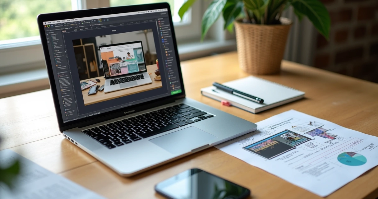 Mesa de trabalho com notebook exibindo editor de sites, smartphone ao lado e elementos gráficos de design digital ao redor 