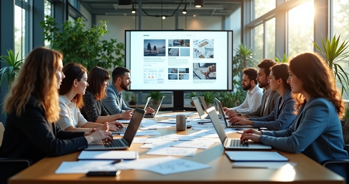 Equipe reunida planejando site no escritório, computadores e anotações. 