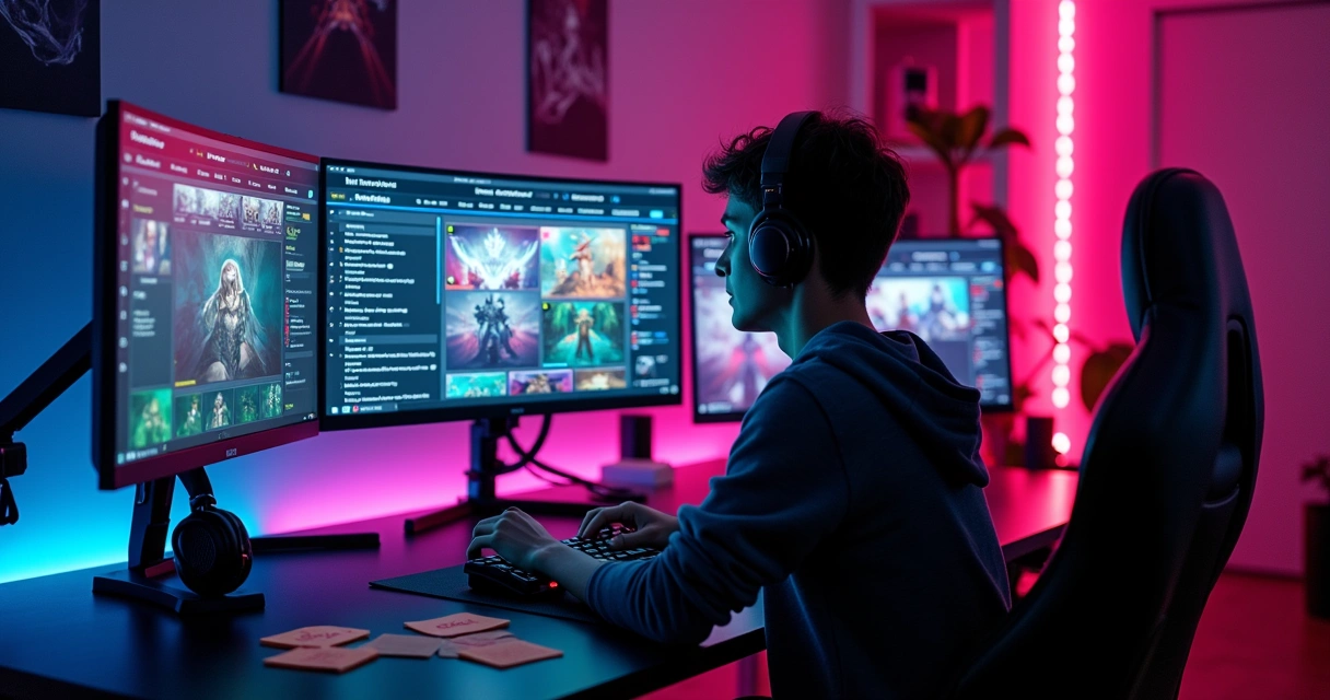 Jogador planejando site de games em tela grande com visual neon futurista 