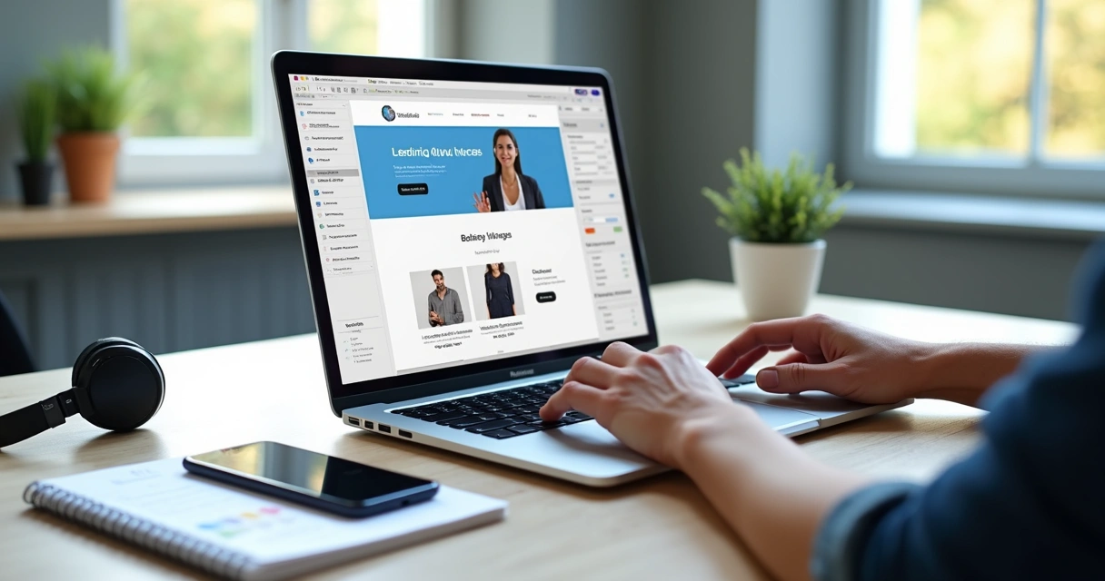 Pessoa criando site grátis em notebook com construtor visual na tela 