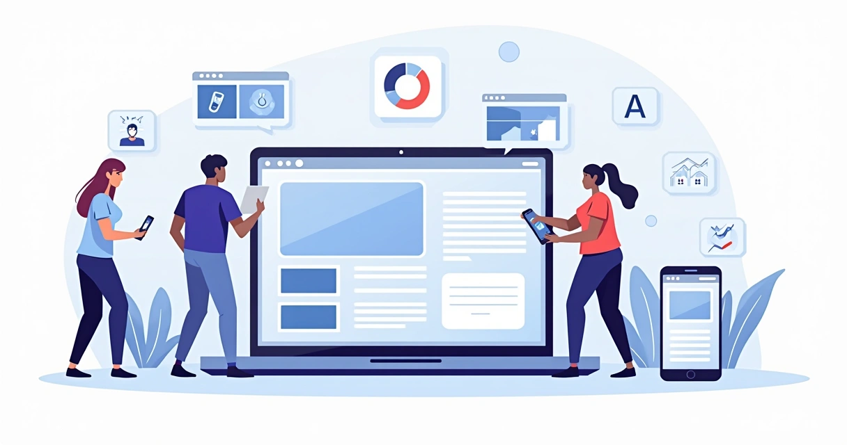 Ilustração de pessoas criando um site gratuito em diferentes plataformas 