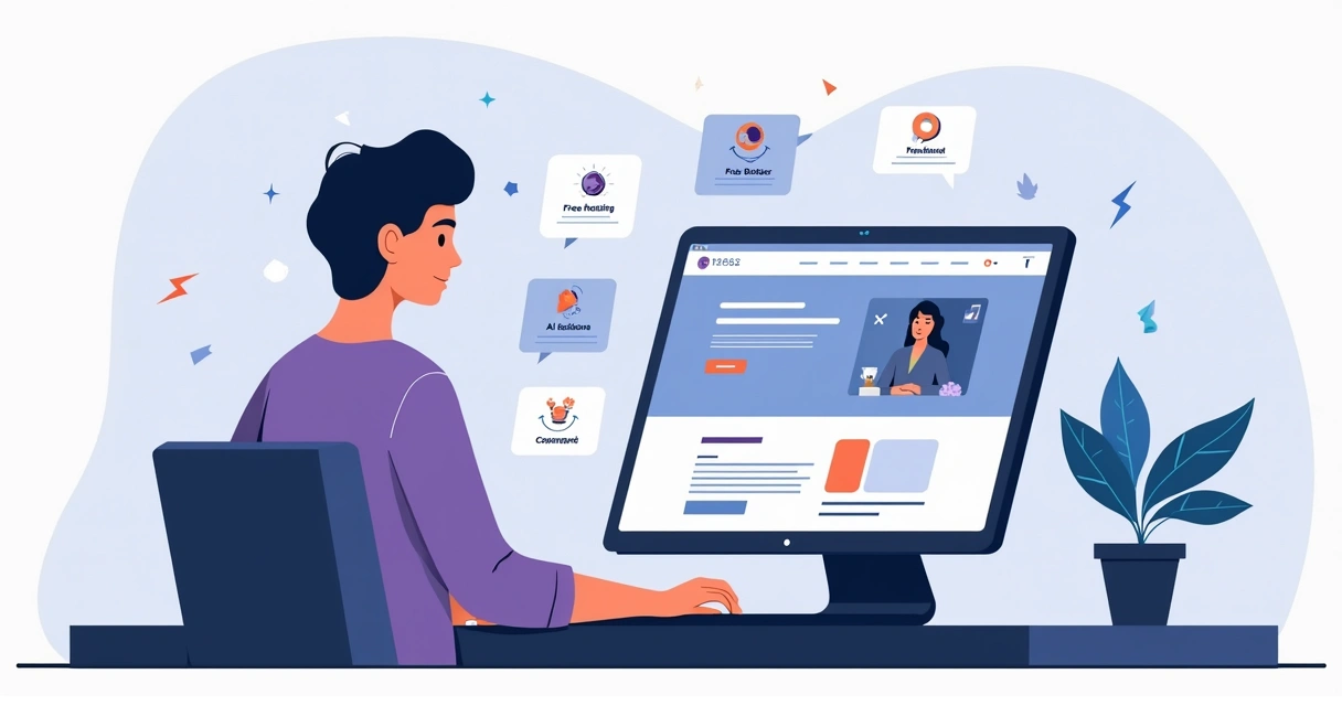 Ilustração de criador montando site profissional em laptop com interface drag and drop 