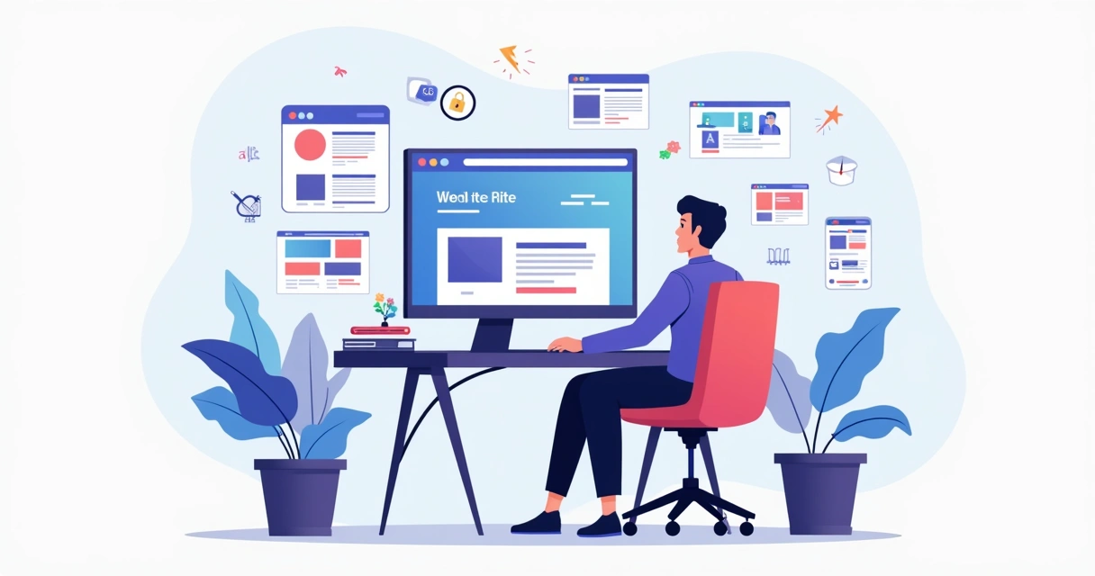 Ilustração de pessoa criando site profissional grátis no computador 
