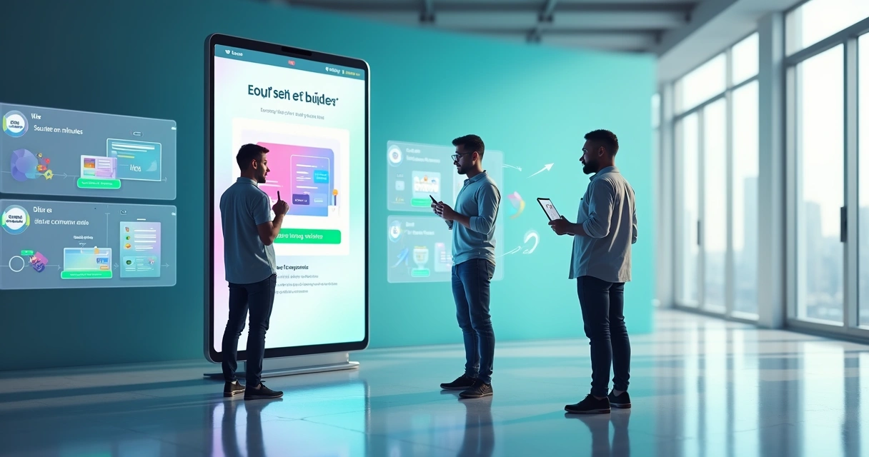 Painel grande exibindo criação rápida de site grátis com pessoas interagindo 