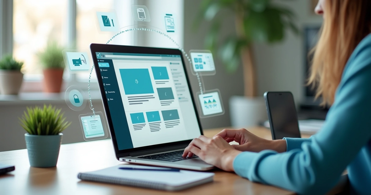 Pessoa montando site gratuito em notebook com painel de edição aberto 