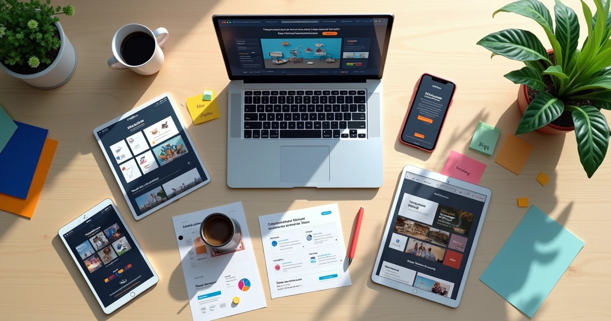 Mesa colorida vista de cima com laptop exibindo construtor de site e ícones de recursos gratuitos 