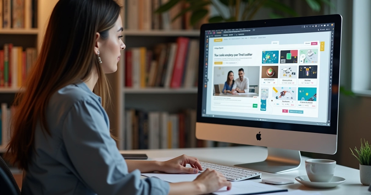 Mulher criando site gratuito em notebook com templates coloridos 