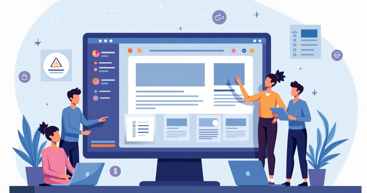 Ilustração de profissionais criando site gratuito em editor visual no computador 