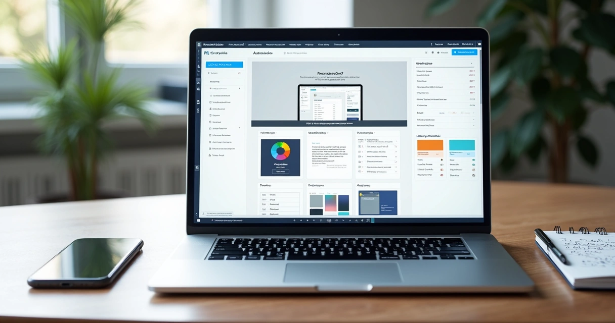 Tela de criação de site com IA em notebook moderno 