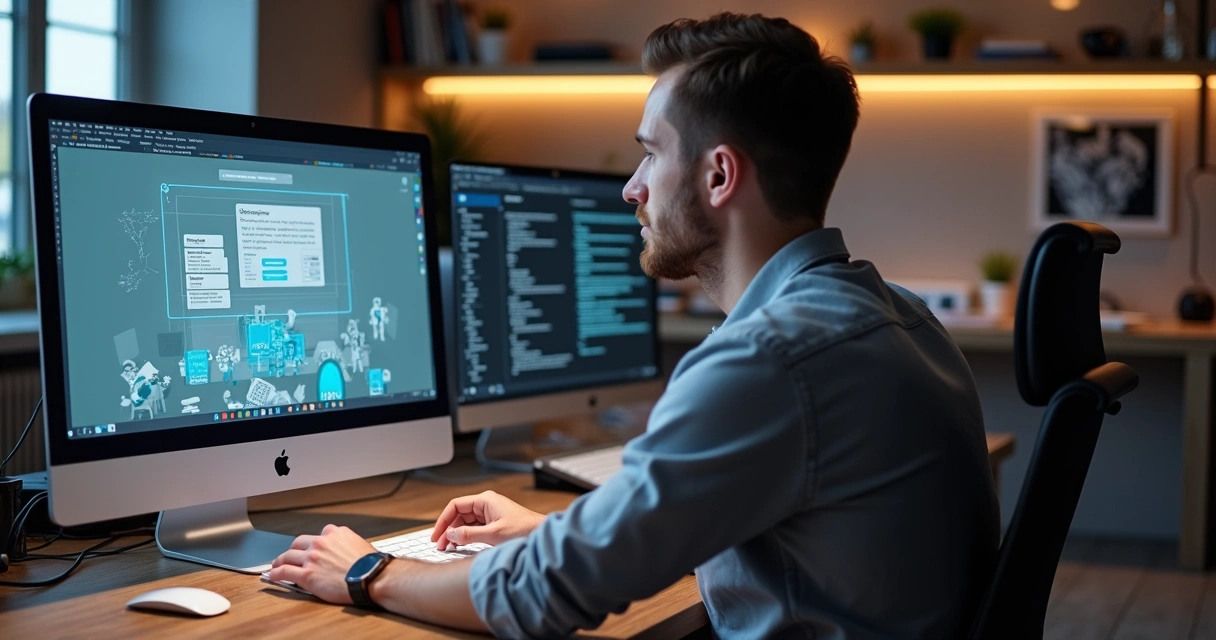 Pessoa usando computador criando site com IA 