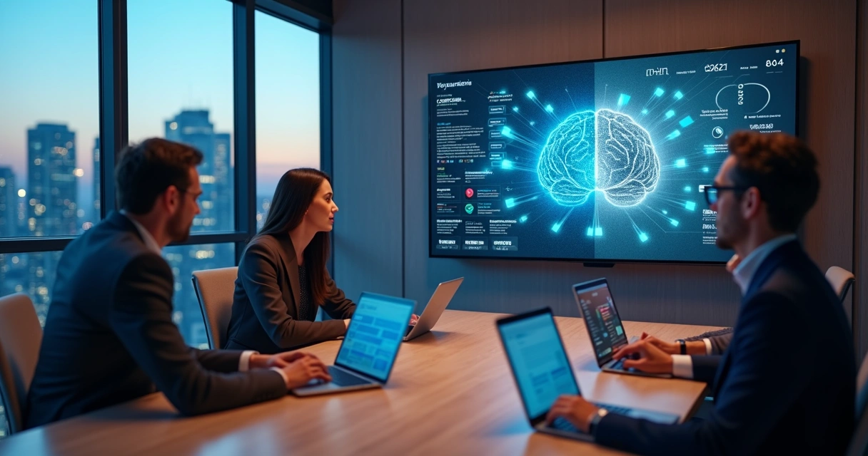 Executivos analisando tela grande com site sendo criado por inteligência artificial 