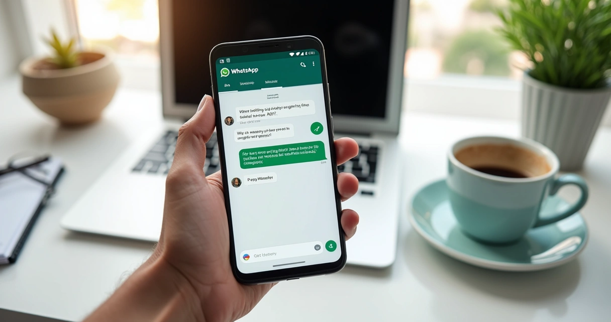 Pessoa usando smartphone com interface do WhatsApp mostrando conversa para criar site com inteligência artificial 