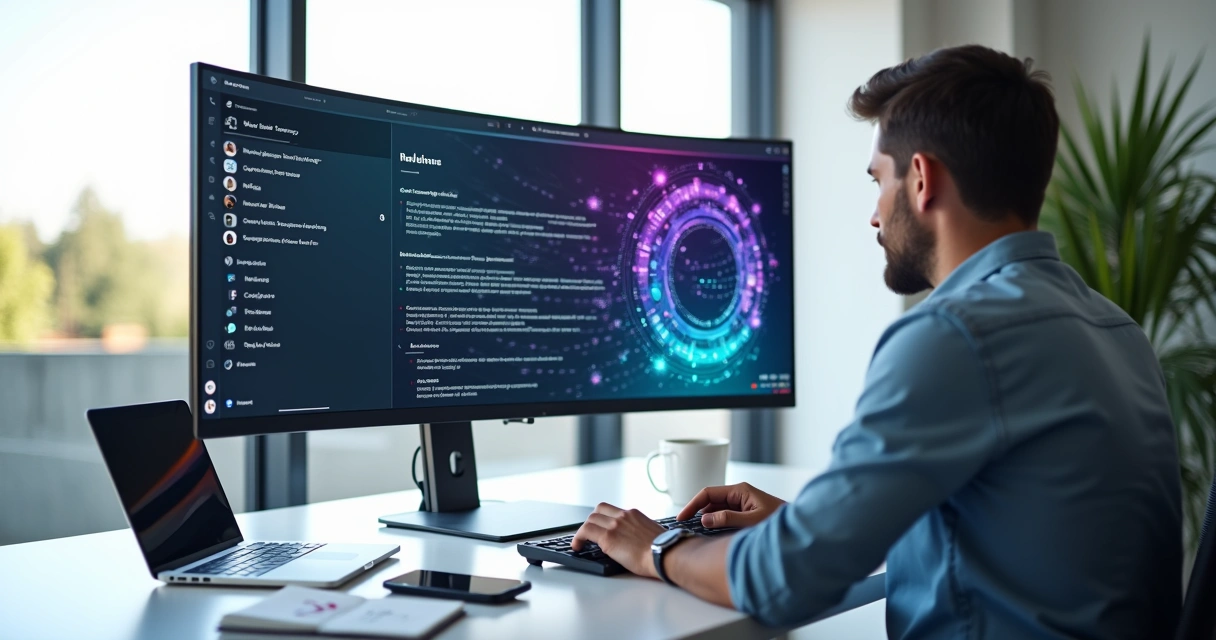 Profissional criando site com apoio de inteligência artificial em interface moderna 