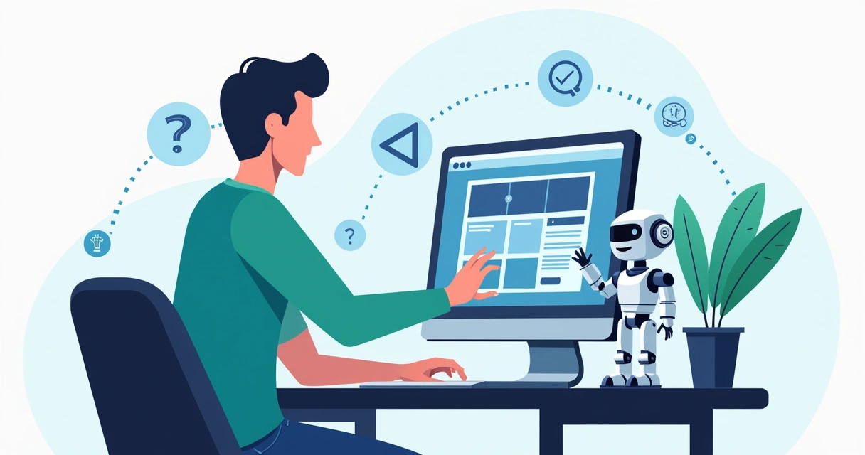 Ilustração de computador e robô colaborando na criação de site. 