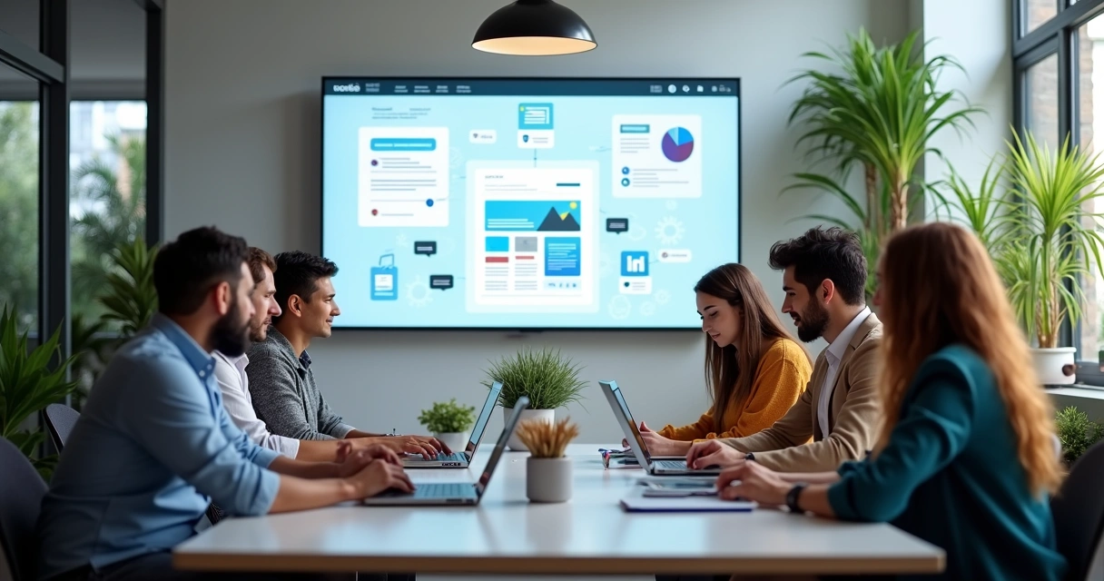 Equipe ao redor de uma mesa trabalhando em criação de site 