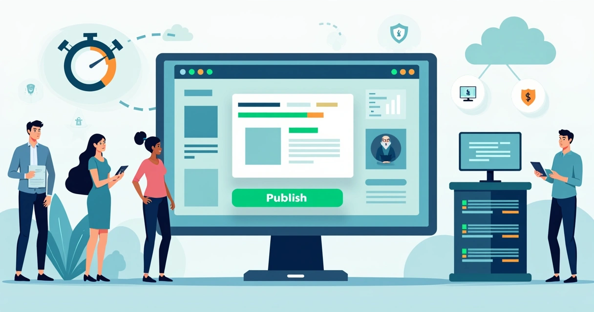 Painel digital mostrando site sendo publicado em minutos com cronômetro e servidor rápido ao fundo 