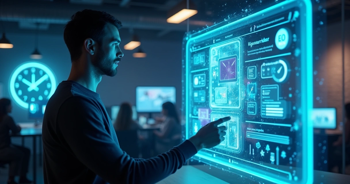 Projetista digital construindo site com interface flutuante e grande relógio indicando velocidade 