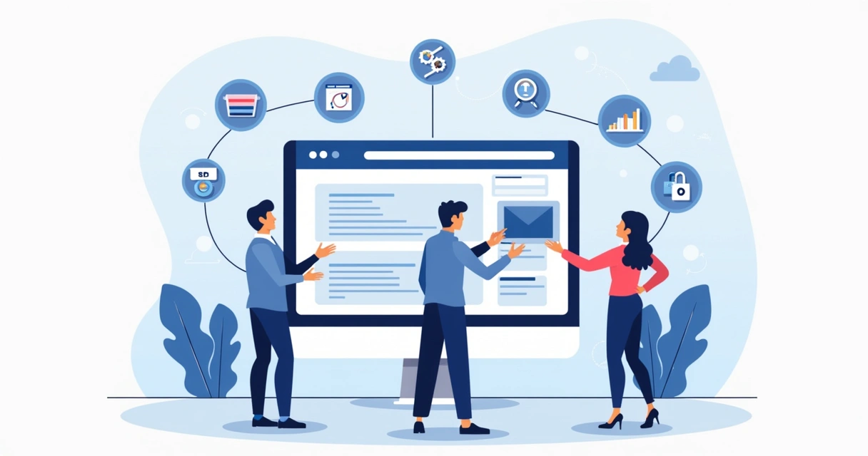 Ilustração flat corporativa mostrando pessoas construindo um site profissional em computador com elementos como domínio, templates e SEO ao redor 