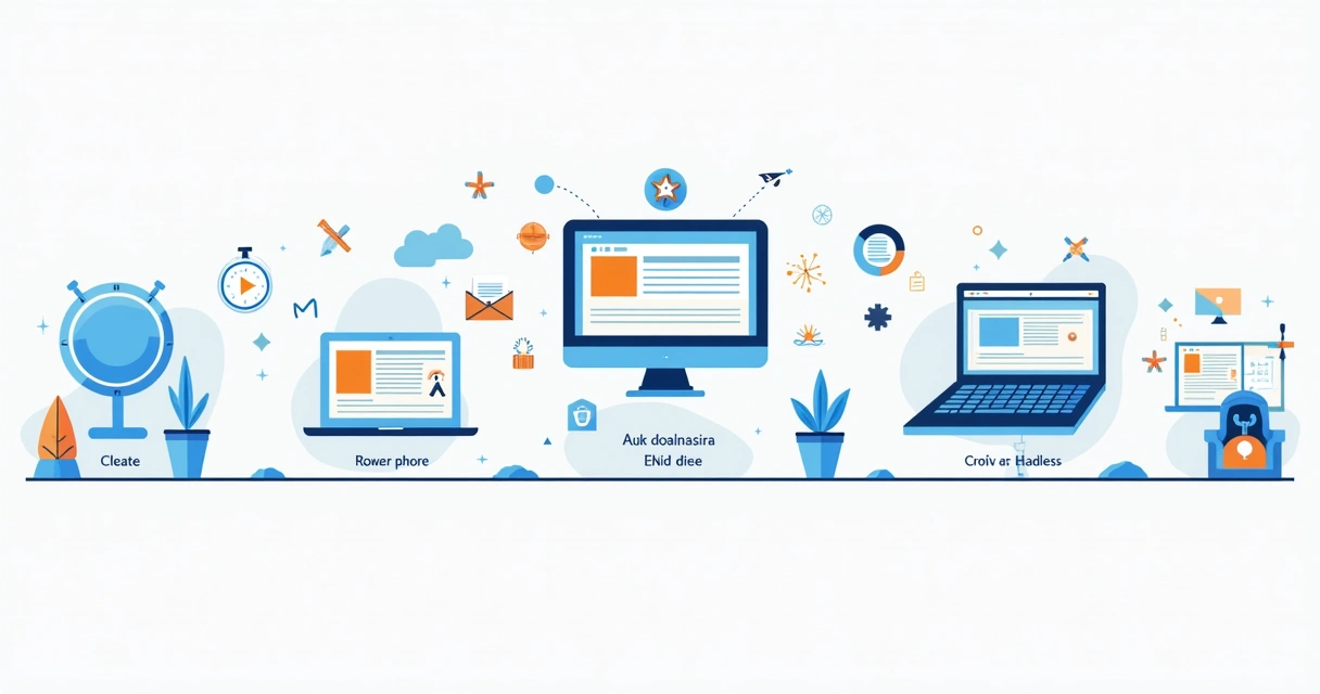 Fluxo ilustrado dos passos para criar um site, do domínio à publicação. 
