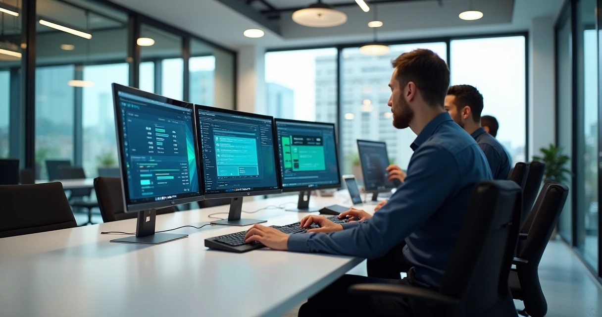 Criação de site de alta performance com IA em escritório moderno