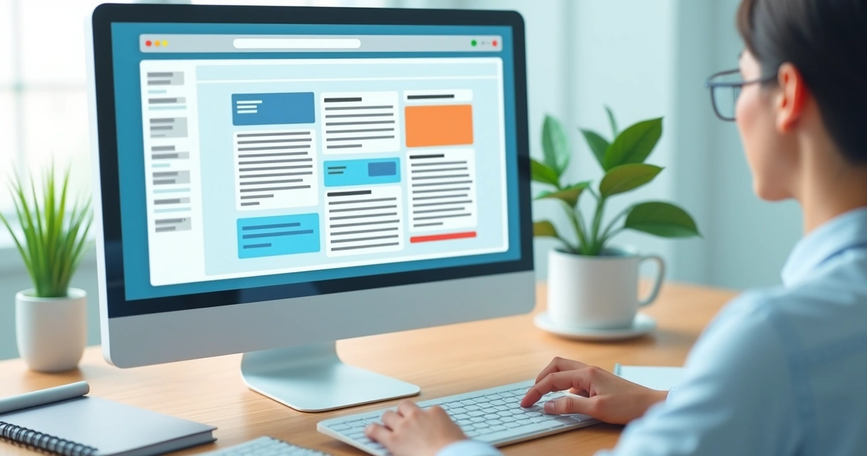 Profissional construindo site em desktop com interface visual e elementos arrastáveis 