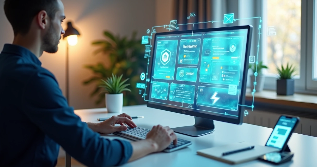 Pessoa criando site profissional em tela holográfica com interface moderna 