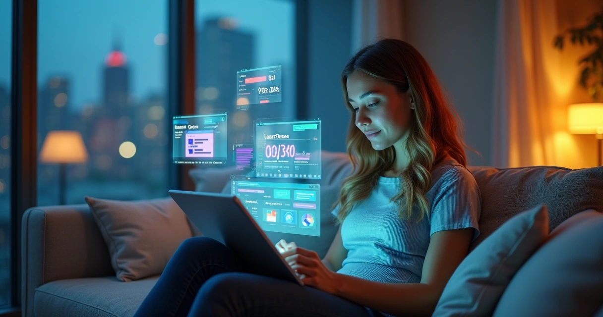 Empreendedora montando estrutura de site profissional em ambiente moderno 