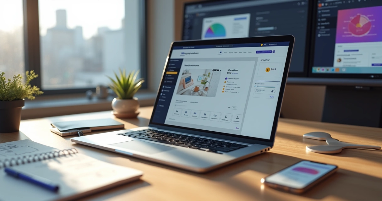 Pessoa criando site profissional em laptop com interface moderna e recursos de inteligência artificial 