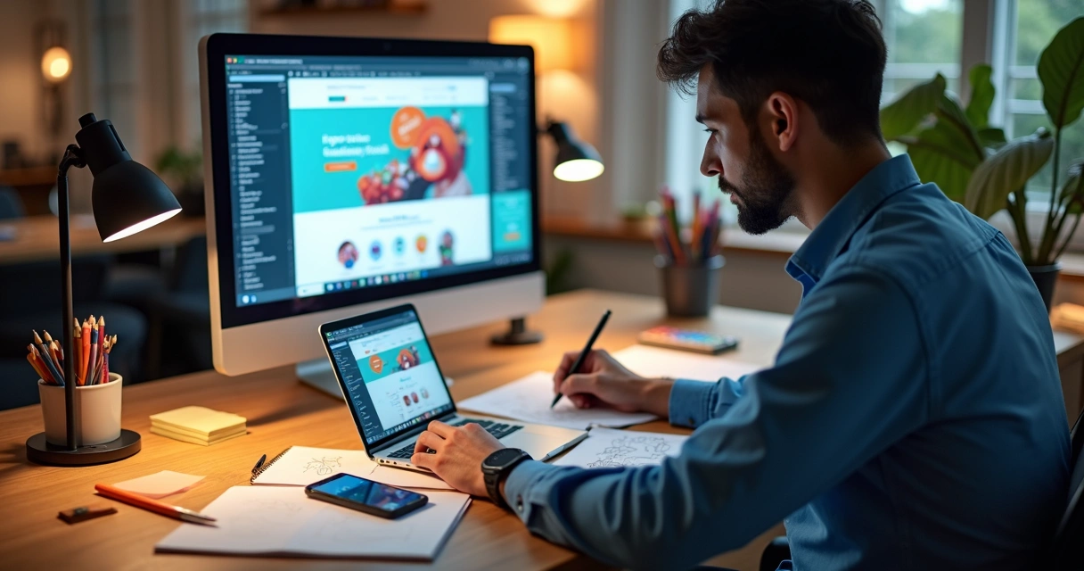 Designer trabalhando na criação de site em notebook 