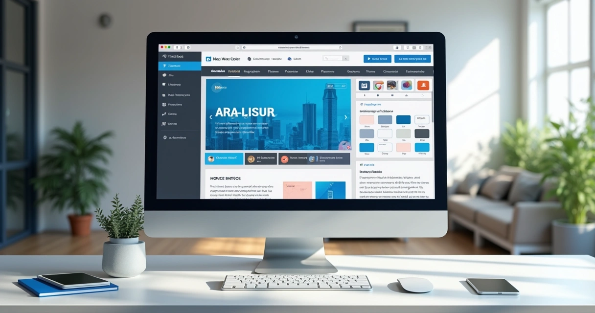 Tela de criação de site com editor visual e blocos personalizados