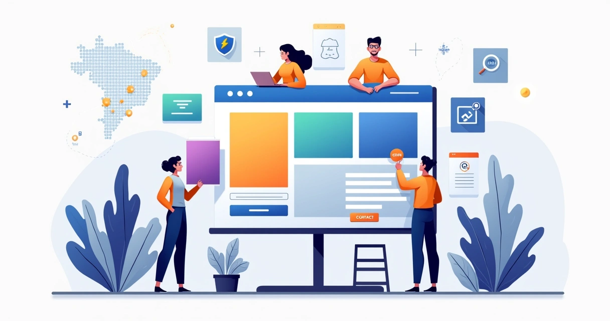 Pessoa montando site profissional em painel gigante com elementos sendo encaixados sem código 