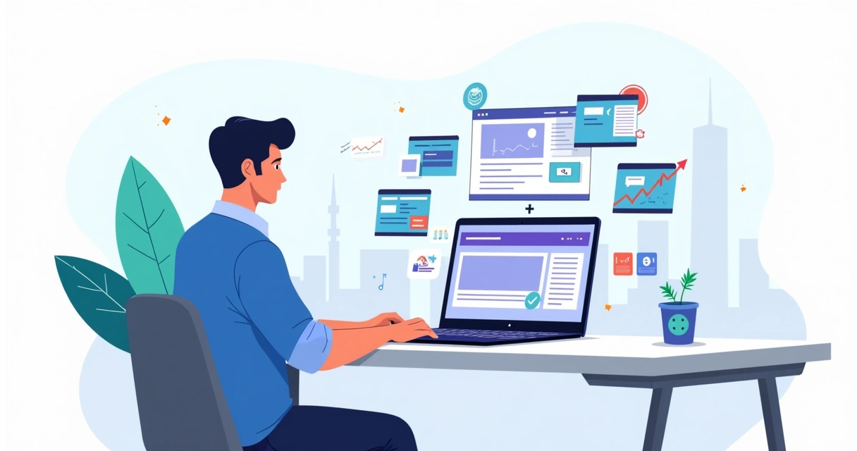 Ilustração de profissional criando site moderno em notebook com interface de construtor de páginas 