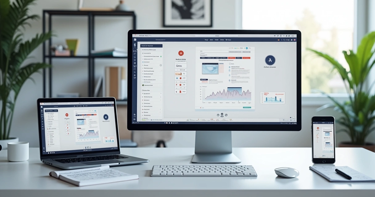 Profissional criando site responsivo em tela de computador com gráficos de desempenho 