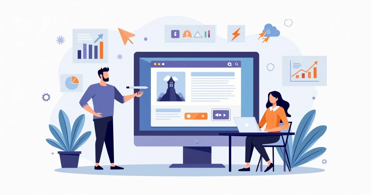 Ilustração de empreendedores criando site profissional em tela de computador 