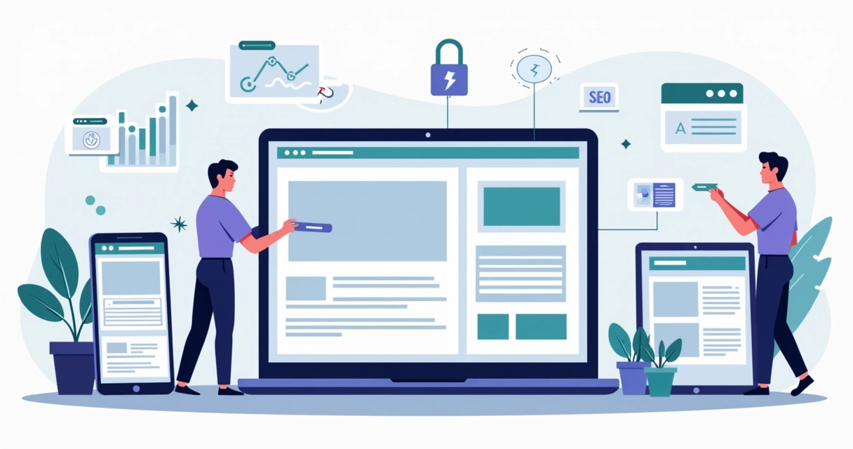 Ilustração de profissional criando site arrastando blocos na tela do computador 