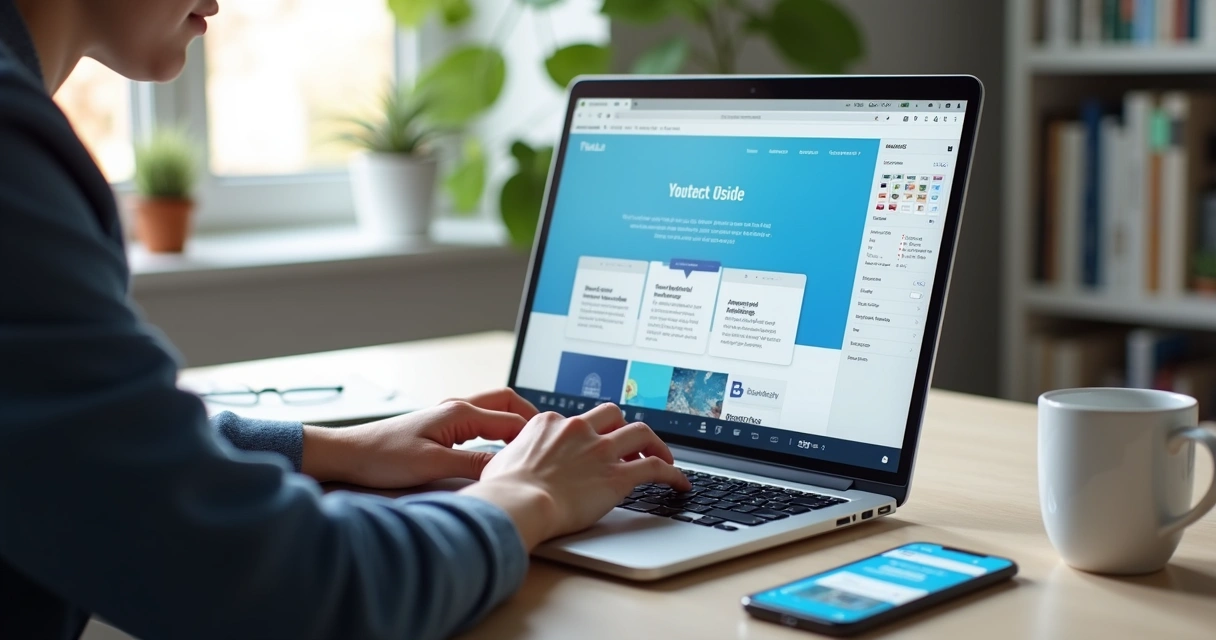 Pessoa criando site em notebook com editor visual e template moderno 