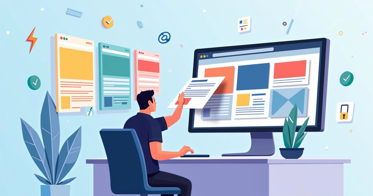 Profissional montando site rápido com templates em tela dividida 