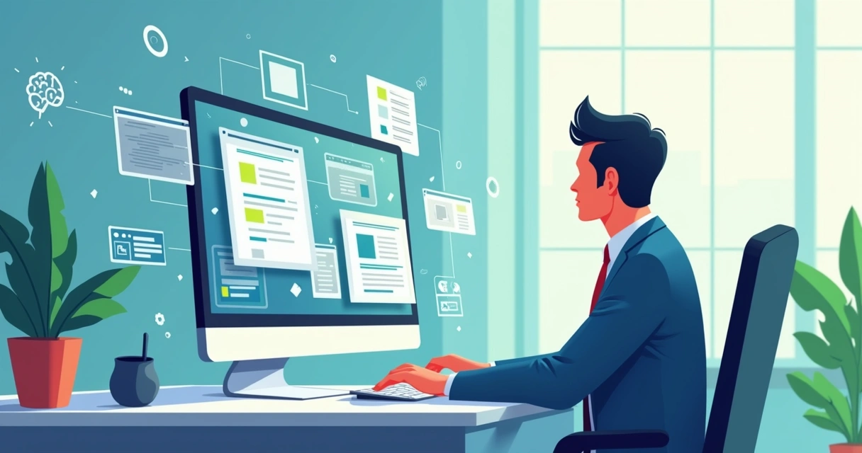 Ilustração de empreendedor utilizando IA para criar site do zero no computador