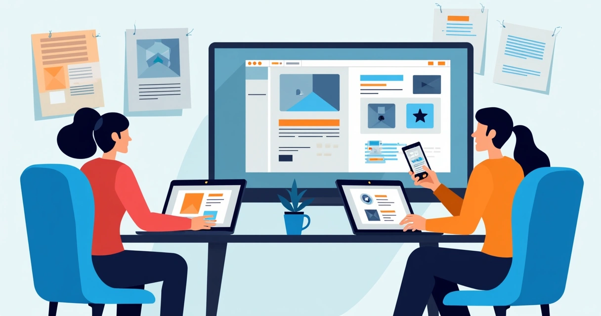 Equipe de agência digital utilizando painel de criador de sites com múltiplos dispositivos 