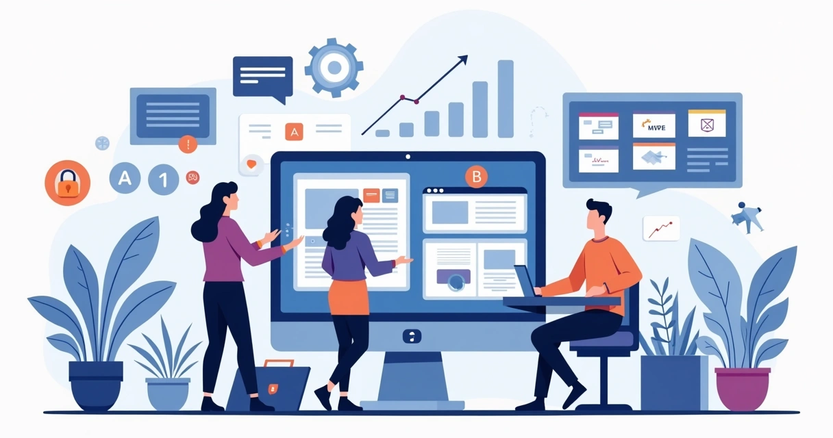 Equipe de agência digital criando sites em painel com gráficos e templates 